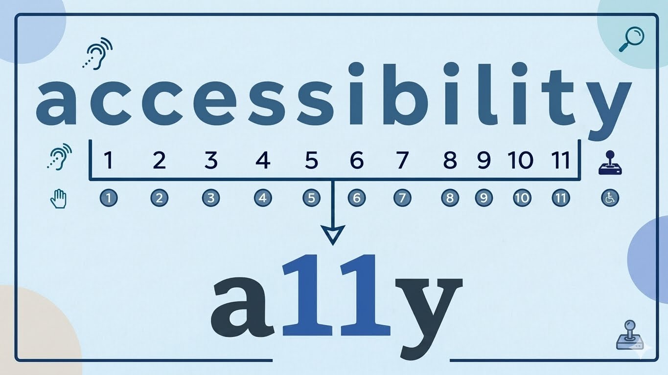 Original illustration of the a11y numeronym: a plus 11 plus y, with eleven dots showing the letters hidden between a and y, surrounded by universal access, contrast, text size and keyboard icons.